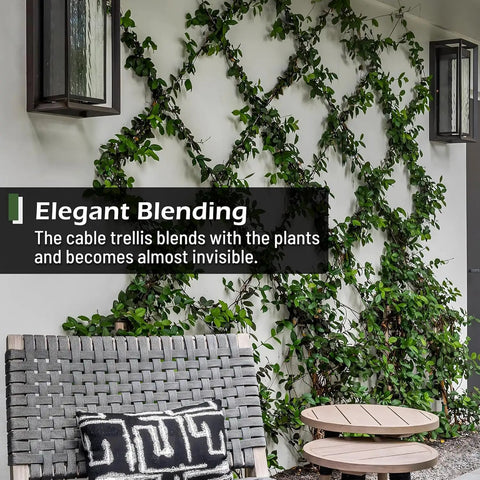 Heavy Duty Tension Wire Trellis Kit For Outdoor Gardens, blending with plants on a wall next to seating area.