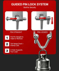 Guided pin lock system for Bad Boy Overhead Pipe Trolley Cart Hella Tough 551 Pound Capacity with V-hook support.