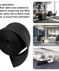 Floor Cord Protector For Carpet And Office Cables, Easy Cut Cable Cover And Management, shown rolled with office setup examples.
