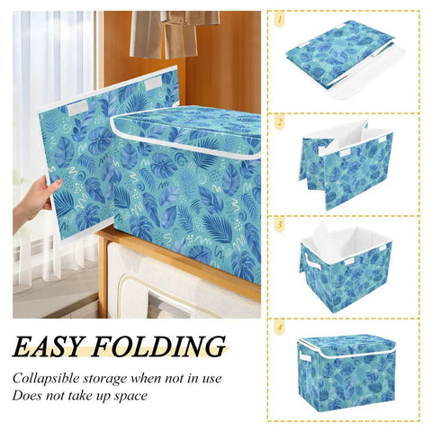 Sturdy Collapsible Storage Bin With Flip Top Lid And Easy Grip Handles For Bedroom Organization 300d Oxford Fabric Foldable Closet Box With Secure Velcro Closure, showing easy folding feature.