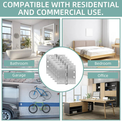Six Pack Heavy Duty Ball Bearing Door Hinges 4.5 By 4.5 Square Inch displayed in residential and commercial settings.