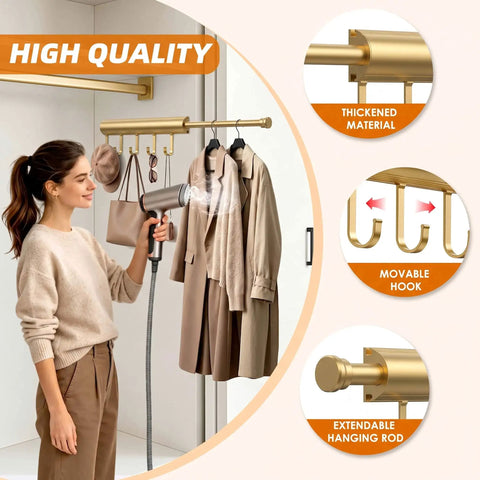 Knockout Twelve Inch Retractable Closet Pull Out Rod Featuring Five Heavy Gauge Steel Rings For Zero Fuss Hangin Of Belts And Accessories handles coats, shown in use with clothing.