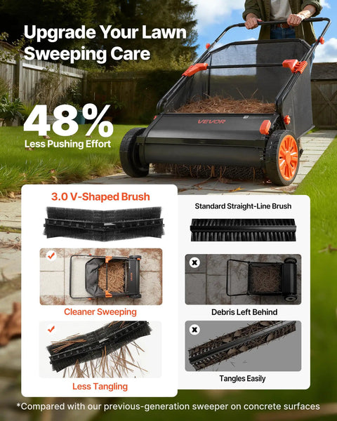 Heavy Duty Push Lawn Sweeper With 30 Inch Wide Broom And 12 Cubic Foot Hopper Bag For No Sweat Grass And Leaf Pickup Across Big Lawns Patios Sidewalks And Driveways in use on pavement.