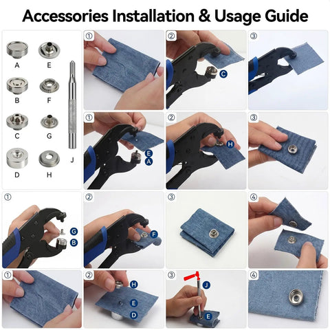 Instructions for using the Straight Shooter 266 Piece Snap Fastener Tool Kit with adjustable pliers on denim fabric.