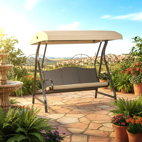 Outdoor view of GCS00229C swing with Beefed Up Replacement Canopy Top Cover, Classic Sand RipLock 350 fabric, in garden setting