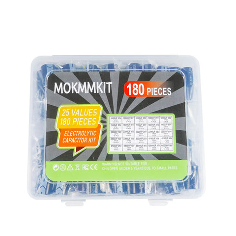 Heavy Duty Aluminum Electrolytic Capacitor Kit Featuring A 25 Value Assortment Spanning 1000Uf To 10000Uf With 10V 16V 25V 35V 50V Ratings, kit packaging showing capacitor values.