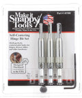 Three Piece Self Centering Hinge Drill Bit Set With 5/64 Inch, 7/64 Inch And 9/64 Inch Bits in packaging, Made In USA
