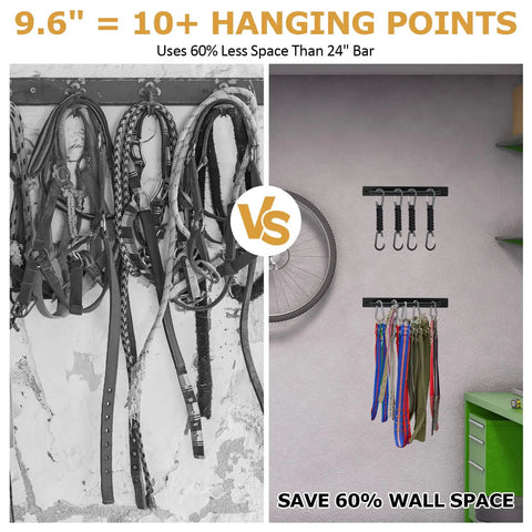 Comparison of space used by traditional hooks vs. 2 Pack Aluminum Tie Down Hanger Wall Mount Organizer showing savings