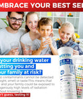 Family holding glasses of water next to the Top Tier Home Water Test Kit For Drinking Tap And Well Testing Offering Straight Up Results.