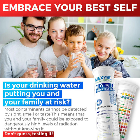 A family of four holds glasses of clean water, promoting The Real Deal Household Drinking Water Test Kit With One Hundred Easy Read Strips And Four Fast Bacteria Checks For Hardness Lead Copper Iron And Ph So You Keep Your Tap Water Totally Fresh.