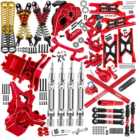 Granite And Senton 1/10 3S 4x4 RC Upgrade Parts Kit with red CNC aluminum shocks, gearbox, arms, caster blocks, hubs, and link set.