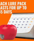 Indoor Fruit Fly Trap 4 Pack With 180 Day Food Based Lure, red apple-shaped trap next to a calendar, lasts up to 45 days.