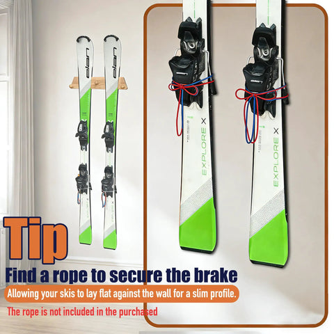 Kickass Oakwood Ski Rack With 3 Hooks Wall Mount Storage For Skis Snowboards Longboards shown with secured skis and wall mount.