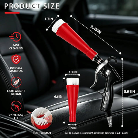 Heavy Duty Air Compressor Blow Gun Featuring Copper Core Horn Tip And Plug And Play Quick Connect Fittings with dimensions displayed.