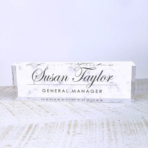 Personalized Desk Name Plate With White Marble Look On Clear Acrylic, Custom Name And Title, Engraved Office Sign