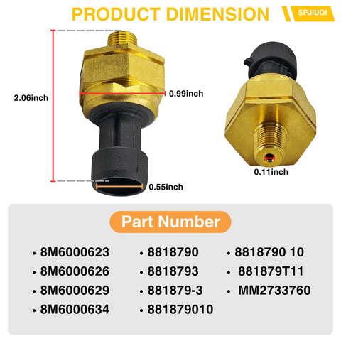 Heavy Duty Water Pressure Sensor Compatible With Mercury Mercruiser Sterndrive And Inboard Outboard Marine Engines Oem Replacement Part 8M6000623 product dimensions showing size and material details.