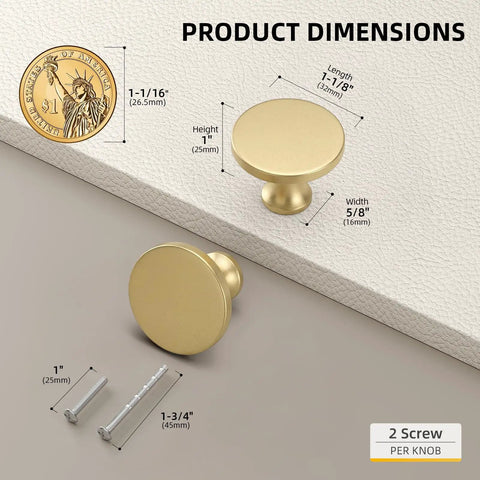 Gold Brushed Brass Cabinet Knobs 25 Pack For Cabinets And Dresser Drawers Round Mushroom Style Hardware dimensions