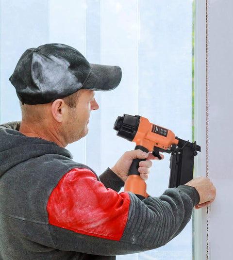 Pro Grade Galvanized Finish Nails 16 Gauge 1 Inch Straight Head Built Tough For Pneumatic Or Cordless Nailer Guns in use.