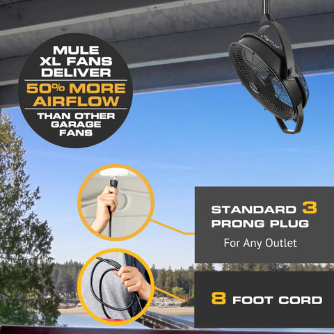 Rugged Outdoor 18 Inch Ceiling Mount Fan with dual height mount options, 360° adjustable, weatherproof, black matte finish, easy plug in setup