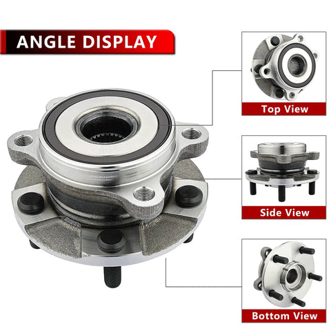 Heavy Duty Front Wheel Bearing Hub Assembly 2 Pack Rock Solid Construction displayed from the top, side, and bottom angles.