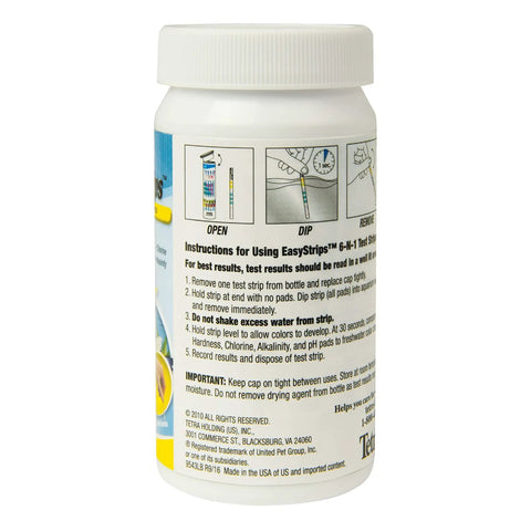 Top Shelf Six In One Aquarium Water Test Strips For Freshwater And Saltwater Tanks instructions on usage container.