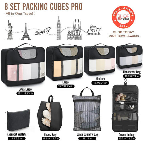 8 piece travel packing cubes set, various sizes with mesh fronts, includes bags for laundry, shoes, and cosmetics, anti-wrinkle buckled suitcase organizer