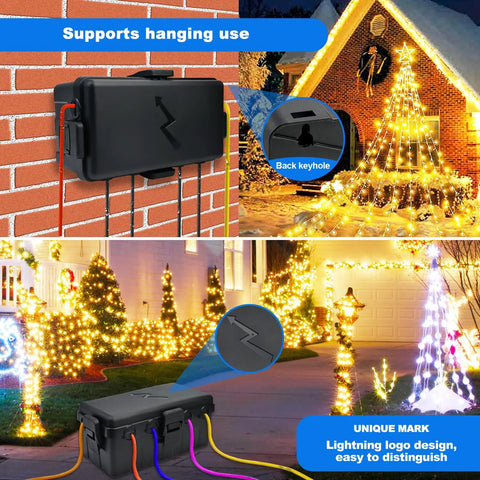 Heavy Duty Outdoor Electrical Box With Six Cable Ports And Ip54 Waterproof Cover mounted on a brick wall with lights.
