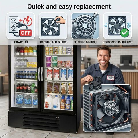 Heavy Duty EC Axial Fan Motor Retrofit Featuring Slick Dual Ball Bearings And Solid Metal Shroud Fits 115V Cold Display Cases Runs Dead Quiet For No Drama Top Shelf Cooling in a commercial setting.