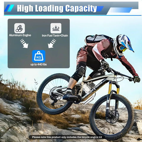 Cyclist on trail with text about aluminum engine and loading capacity, related to 100Cc Bicycle Engine Kit For 26 To 28 Inch Bikes 2 Stroke Gas Motor Conversion With Air Cooling Upgraded Sprocket Red Speed Carburetor CDI And Full Accessories For Quick DIY Bike Motor Build