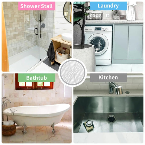 Collage of bathroom and laundry scenes showcasing Solid Build 4 Pack Shower Drain Hair Catcher With Thick Silicone Rim Heavy Duty Stainless Steel Strainer Fits 4 72 Inch Floor Drains No More Clogs Bathroom Essential Real Deal.