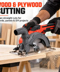 Compact Brushless Circular Saw Kit With Dual Six Inch Blades And Rip Guide Made For Heavy Duty Cordless Cuts during wood cutting.