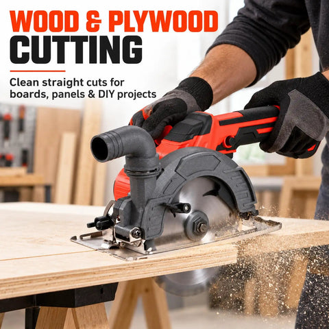 Compact Brushless Circular Saw Kit With Dual Six Inch Blades And Rip Guide Made For Heavy Duty Cordless Cuts during wood cutting.