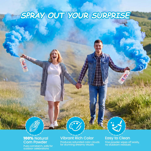 Legit Epic Gender Reveal Extinguisher 2 Pack Shoots Over 10 Feet, outdoor couple with blue smoke, eco-friendly celebration.