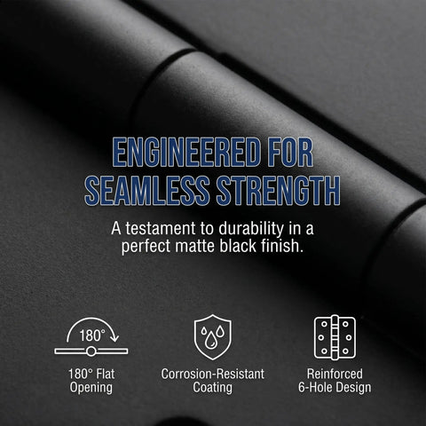 Close-up of Beefy Heavy Duty 270 Degree Folding Table Hinges Set with matte black finish showing text 'Engineered for Seamless Strength'.