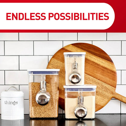 Kitchen storage containers with scoops next to wooden cutting board, showcasing Clear Small Wire Toggle Hooks Set With 40 Hooks And 48 Adhesive Strips.