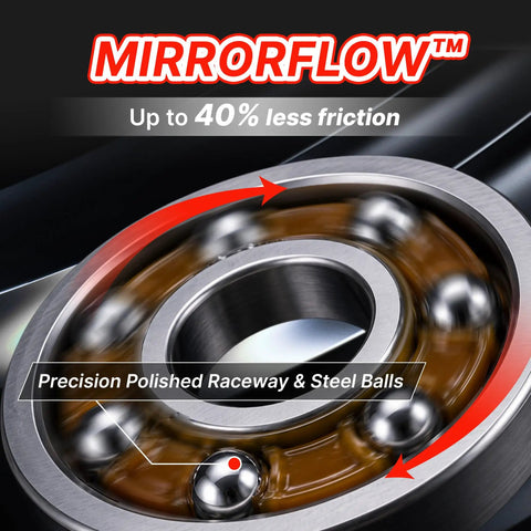 Precision 608 Skateboard Bearings With Red Rubber Seals Roll Clean On Rough Asphalt High Load Cage Takes Gnarly Landings Smooth As Butter Built Tough For Street Sessions Eight Pack close-up of polished bearing with steel balls and red rubber seals.