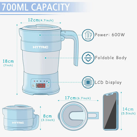 Diagram of a Travel Electric Kettle 700ML Foldable BPA Free Portable Kettle With Keep Warm And Delay Start 110V Blue with dimensions.