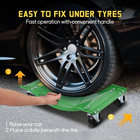 Heavy Duty Wheel Dolly Set Two Pack Rolling Tow Skates For Cars Trucks And Suvs With Tough As Nails Steel Build Anti Grip Side Rails Under a car tire