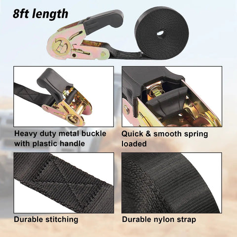 Endless Ratchet Strap Set 1 Inch Wide Heavy Duty Tie Down Straps 8 Feet Long Hookless Design 900 Pound Load Capacity 2500 Pound Breaking Strength shown with metal buckle, plastic handle, durable stitching, and nylon strap.