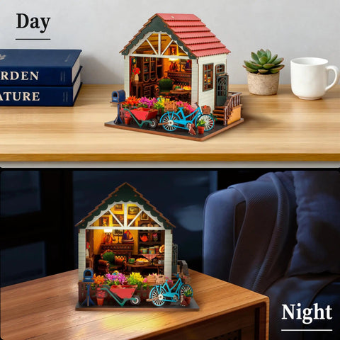 Totally Awesome Miniature Dollhouse Kit With 3D Wooden Tiny Building Model Puzzle And LED Lights For Beginners Bookshelf Decor Kit Great Craft Gift For Teens And Adults displayed on table in day and night settings