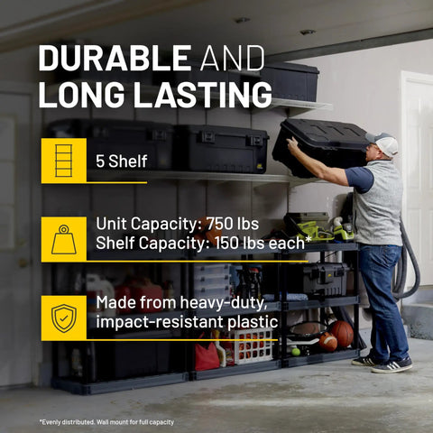 Man organizing a Heavy Duty Five Shelf Plastic Storage Rack Measuring 73 X 36 X 18 Inches With A 750 Lb Weight Capacity.