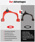 Comparison of red polyurethane front upper control arm vs black rubber bushing, highlighting advantages for 12PC Tough As Nails Suspension Kit For 2015 2017 Ford F 150 4WD.