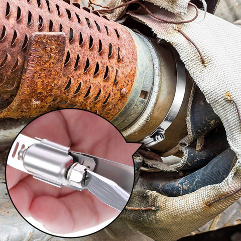 4 Piece 8 Inch Adjustable 304 Stainless Steel Duct Hose Clamps Worm Gear Clamps For Pipe Intercooler Plumbing Tube And Fuel Line Leak Proof Corrosion Resistant Long Lasting Durable installed on a pipe showing close-up detail of clamp mechanism.