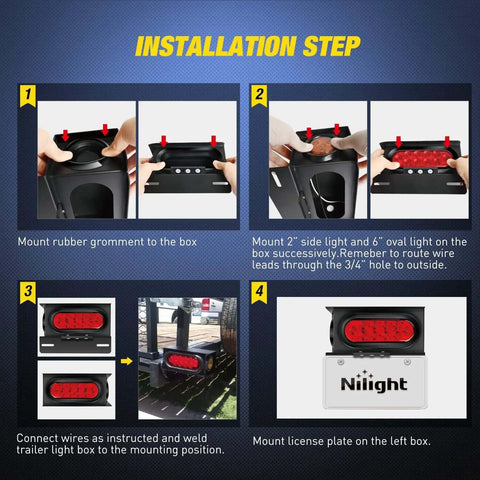 Installation steps for Two Pack Beefy Steel Trailer Light Boxes Housing Kit with 6 Inch Oval Red Tail Lights and 2 Inch Round Amber Side Markers Plus 3 LED License Plate Lighting with Stop Turn Tail Lighting and Grommet Plugs.