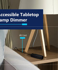 Heavy Duty Tabletop Lamp Dimmer Switch With No Sweat Plug And Play Setup For Smooth Brightness Control On CFL And LED Fixtures Up To Two Hundred Watts Total Rock Solid Performance UL Listed Black Housing on a wooden table with a 6ft cord.