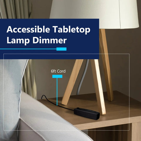 Heavy Duty Tabletop Lamp Dimmer Switch With No Sweat Plug And Play Setup For Smooth Brightness Control On CFL And LED Fixtures Up To Two Hundred Watts Total Rock Solid Performance UL Listed Black Housing on a wooden table with a 6ft cord.