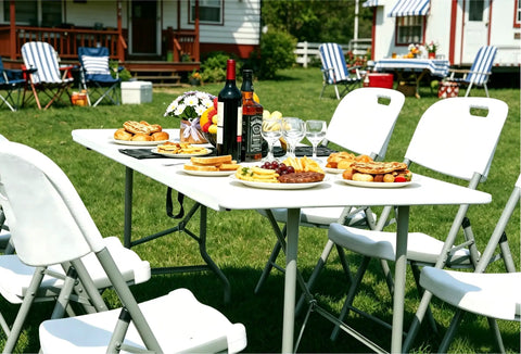 Outdoor gathering with Six Foot Folding Table For Indoor Outdoor Use Heavy Duty Portable Party Dining Desk 6ft Fold In Half Table