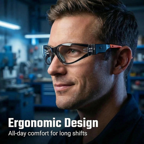 Close-up of a man wearing Kickass Rechargeable Led Safety Glasses With Built In Work Lights For Mechanics Auto Repair And Tight Garage Jobs Featuring Hella Bright Fog Free Lenses And Scratch Resistant Shielding, showcasing ergonomic design.