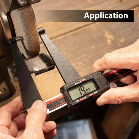 Digital Rotor Gauge 0 To 6 Inch Stainless Steel With Large LCD Inch Metric Fraction Conversion Brake Rotor Thickness Gear For Auto Maintenance And Brake Inspections in use on brake disc.