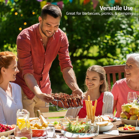 Group enjoying BBQ with Nonstick Rib Rack For Grilling And Smokin Holds Four Rib Racks Porcelain Coated Steel Stand Durable Convenient BBQ Accessory